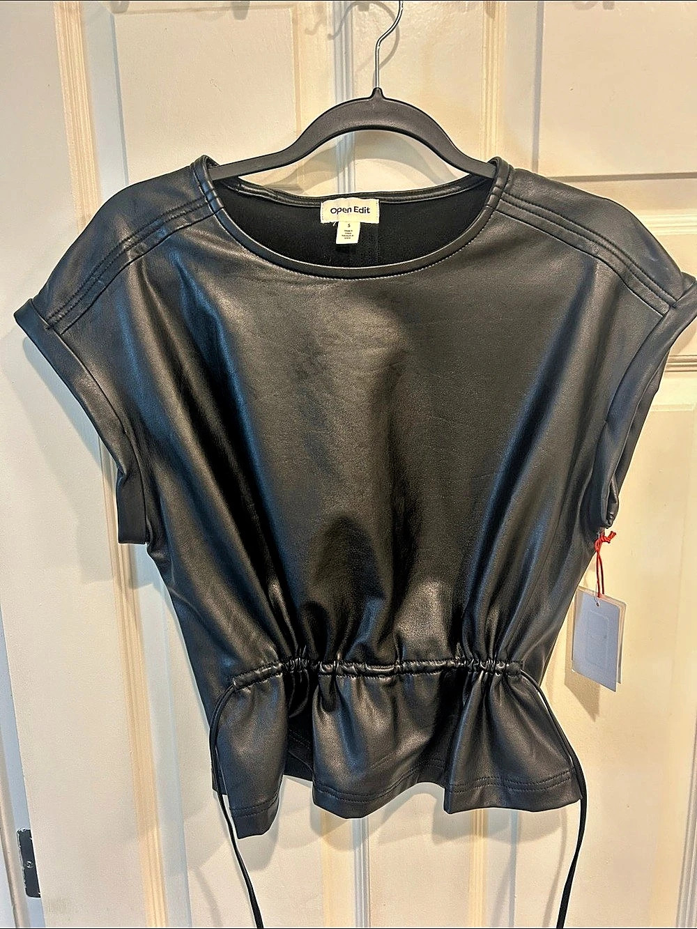 Open Edit Faux Leather Cinch Waist Top Black Small NWT
